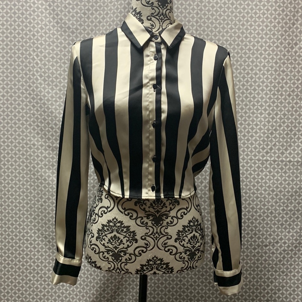 Stradivarius Womens Black White Pinned Stripe Long Sleeve Blouse Shirt Size Sm